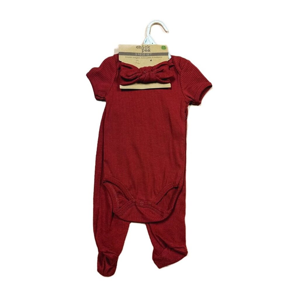 NWT Chick Pea Maroon 3-Piece Bodysuit Legging & Headband Outfit Set 6-9M